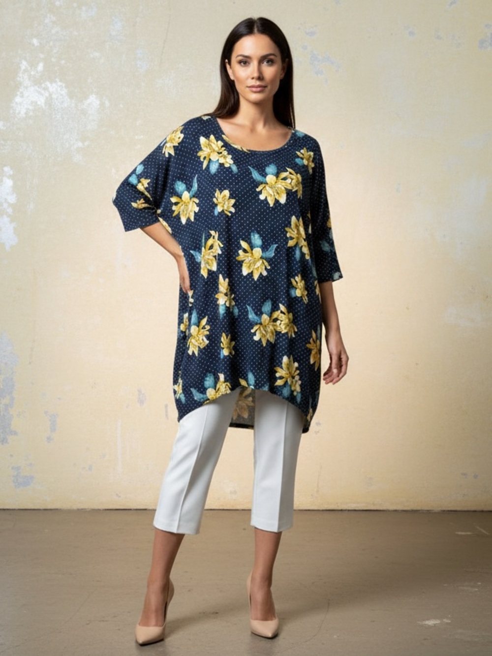 LuLaRoe Oversized Navy Tunic with Yellow Floral Print